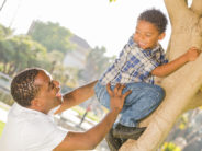 A Dad Tries Not to Step In and Help So Much Happy Mixed Race Father Helping Son Climb a Tree in the Park.