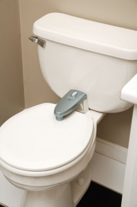 The Safety 1st pro-grade. push-button toilet lock. (Good luck to any guests visiting!) 