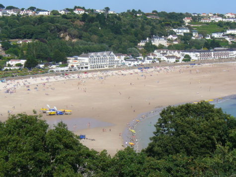 St. Brelade's Bay, Jersey, England, at low tide. 