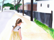 DALL·E 2023-03-10 09.59.34 - watercolor of girl, 7, walking alone on a suburban street in daytime