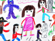 DALL·E 2023-12-12 15.13.58 - child's drawing of a girl walking on the sidewalk surrounded by robbers and murderers and zombies and monsters